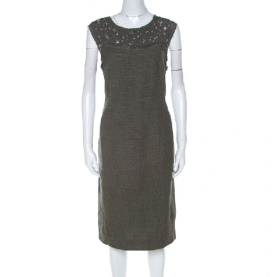 Pre-owned Escada Olive Green Tweed Embellished Delrose Sleeveless Dress M