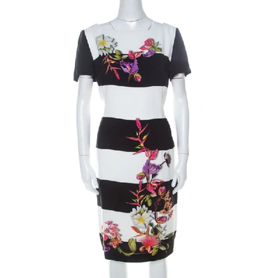 Pre-owned Escada Monochrome Floral Print Wide Striped Crepe Dkantus Shift Dress M In Multicolor