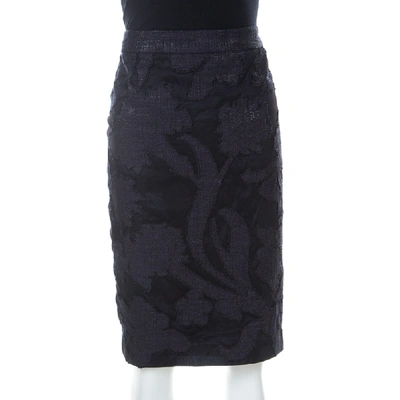 Pre-owned Escada Navy Blue Floral Applique Silk Jacquard Pencil Skirt L