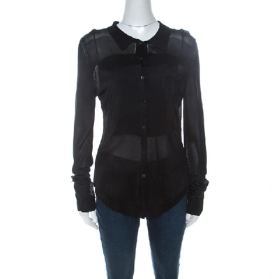 Pre-owned Alexander Mcqueen Black Stretch Knit Collared Button Front Top L