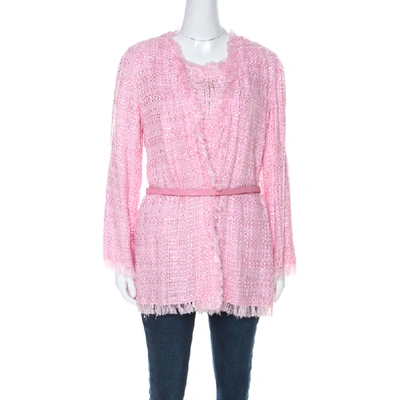 Pre-owned Emanuel Ungaro Pink Tweed Embellished Detail Top & Belted Jacket Set S