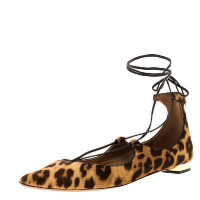 Pre-owned Aquazzura Brown Leopard Print Calf Hair Pointed Toe Ankle Wrap Flats Size 40.5