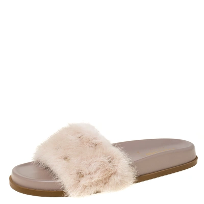 Pre-owned Valentino Garavani Beige Mink Fur Rockstud Flat Slides Size 38