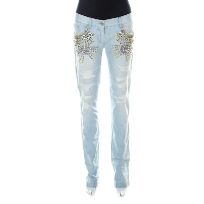 Pre-owned Dolce & Gabbana Blue Light Wash Denim Crystal Embellished Jeans S