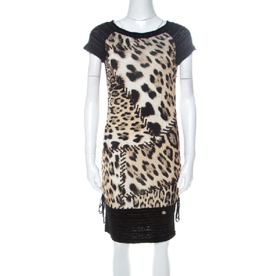 Pre-owned Roberto Cavalli Black And Brown Leopard Printed Jersey And Knit Short Dress S