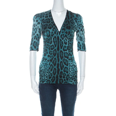 Pre-owned Dolce & Gabbana Blue Stretch Silk Leopard Print Three Quarter Sleeve Top S