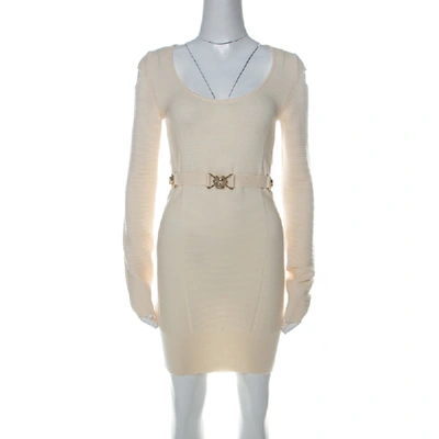 Pre-owned Philipp Plein Couture Cream Knit Cold Shoulder Belted Dress M