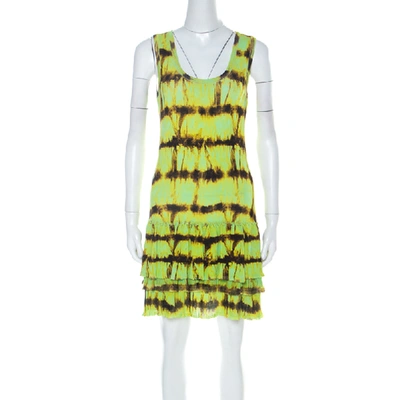 Pre-owned Roberto Cavalli Neon Green & Brown Printed Flounce Hem Sleeveless Dress S