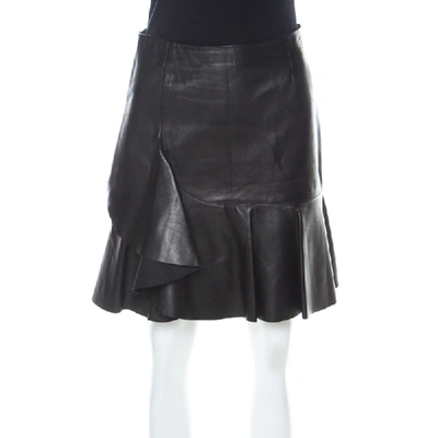 Pre-owned Alexander Mcqueen Black Leather Asymmetric Ruffle Short Skirt S