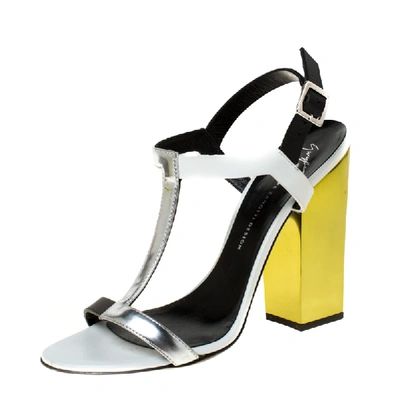 Pre-owned Giuseppe Zanotti Tricolor Metallic Leather Ankle Strap Block Heel Sandals Size 36.5 In Silver