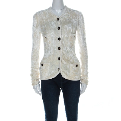 Pre-owned Chanel Off White Velvet Feel Button Detail Cardigan M