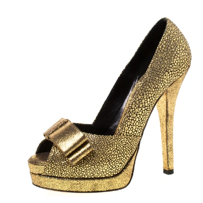 Pre-owned Fendi Metallic Gold Brocade Fabric Deco Bow Peep Toe Platform Pumps Size 39