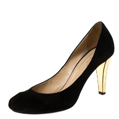 Pre-owned Gucci Black Suede Peep Toe Pumps Size 38.5