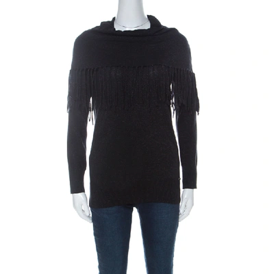 Pre-owned Michael Kors Black Lurex Cowl Neck Fringe Detail Knit Sweater Xs