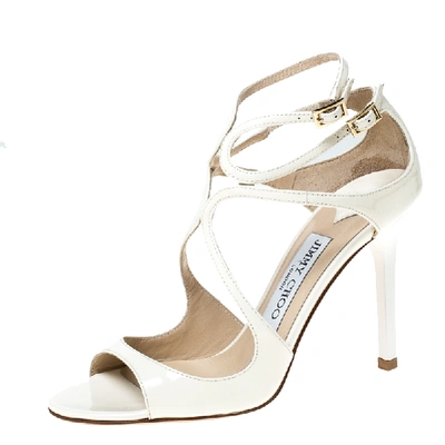 Pre-owned Jimmy Choo Cream Patent Leather Lang 100 Ankle Strap Sandals Size 35.5