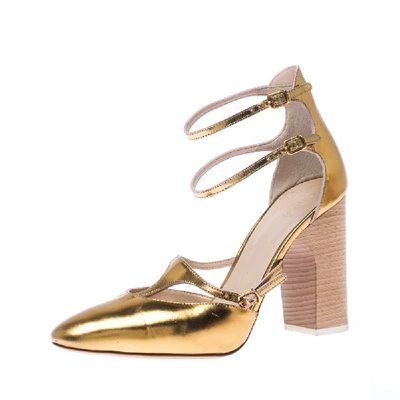 Pre-owned Chloé Gold Metallic Leather Block Heel Ankle Strap Pumps Size 37