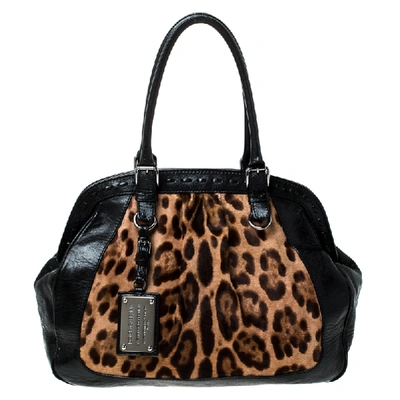 Pre-owned Dolce & Gabbana Dolce & Gabanna Black/brown Leopard Print Calfhair And Leather Miss Romantique Satchel