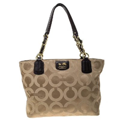 Pre-owned Coach Beige/brown Fabric Madison Op Art Tote