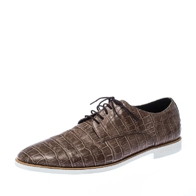 Pre-owned Emporio Armani Brown Croc Embossed Leather Lace Up Derby Size 44
