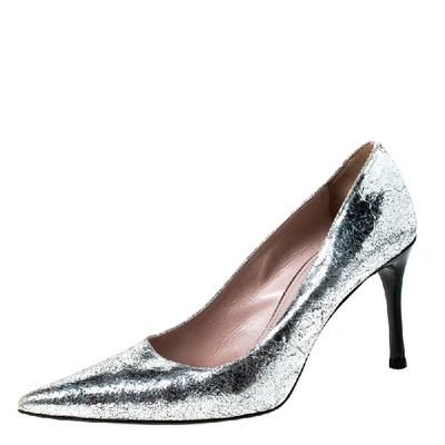 Pre-owned Miu Miu Silver Metallic Leather Specchio Pointed Toe Pumps Size 38.5