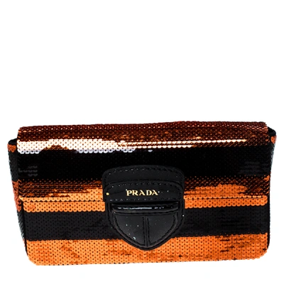 Pre-owned Prada Black/orange Stripe Sequins Righe Clutch