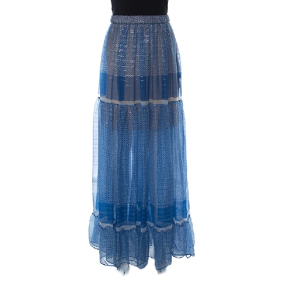 Pre-owned Stella Mccartney Blue Printed Silk-blend Chiffon Tiered Maxi Elsa Skirt Xl