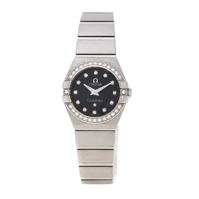Pre-owned Omega Black Stainless Steel Diamonds Constellation 123.15.24.60.51.002 Women's Wristwatch 24 Mm In Silver