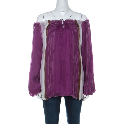 Pre-owned Alberta Ferretti Purple Brown And White Silk Chiffon Off Shoulder Blouse M