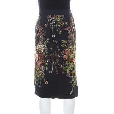 Pre-owned Dolce & Gabbana Dark Grey Floral Print Crepe Sheath Skirt S