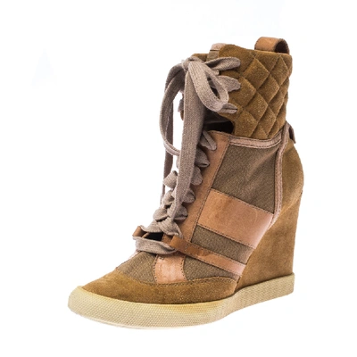 Pre-owned Chloé Beige/brown Suede Leather And Canvas Lace Up Wedge Ankle Boots Size 38