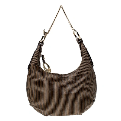 Pre-owned Fendi Brown/black Stripe Perforated Leather Chef Chain Hobo