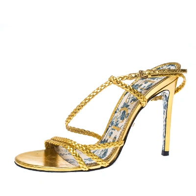 Pre-owned Gucci Metallic Gold Leather Haines Braided Slingback Sandals Size 37