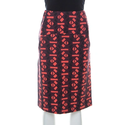 Pre-owned Marni Red Geometric Print Wool Pencil Midi Skirt M