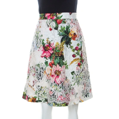 Pre-owned Dolce & Gabbana Floral Print Silk Blend Jacquard Applique Lace Detail Skirt S In Multicolor
