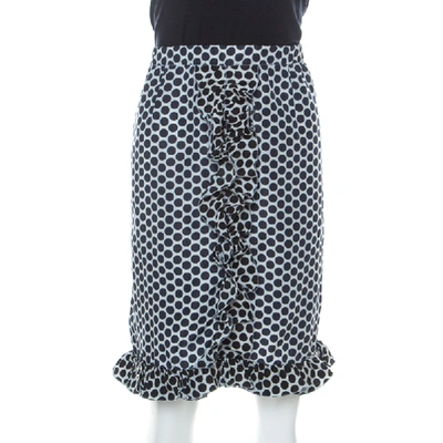 Pre-owned Marni Blue And White Polka Dot Printed Coated Silk Ruffle Detail Skirt S