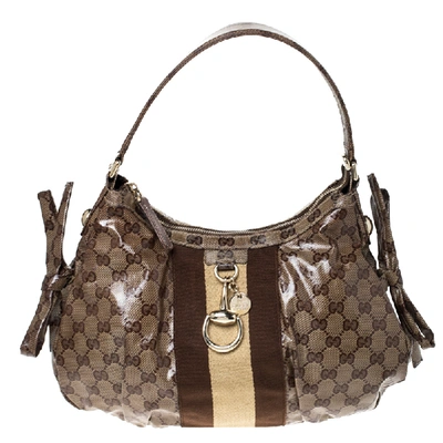 Pre-owned Gucci Brown Gg Crystal Canvas Web Stripe Hobo