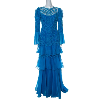 Pre-owned Tadashi Shoji Cerulean Blue Corded Embroidered Tulle Tiered Moreau Gown Xl