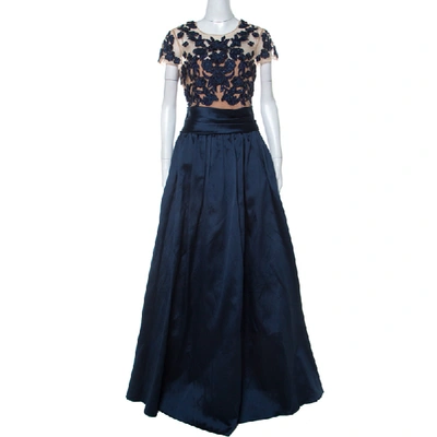 Pre-owned Marchesa Notte Midnight Blue Floral Embroidered Tulle Mikado Cap Sleeve Gown M