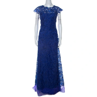 Pre-owned Tadashi Shoji Royal Blue Lace Cap Sleeve Milien Evening Dress L