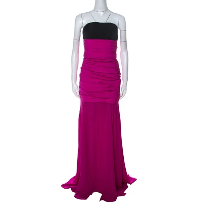 Pre-owned Oscar De La Renta Magenta Pink Silk Ruched Drop Waist Corsetted Bodice Strapless Gown L