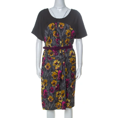 Pre-owned Kenzo Grey Floral Brushstroke Print Stretch Cotton Belted Dress M