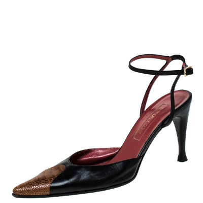 Pre-owned Sergio Rossi Black Leather And Brown Ostrich Trim Pointed Toe Ankle Strap Sandals Size 38.5