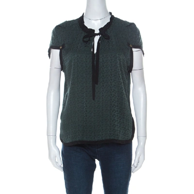 Pre-owned Louis Vuitton Green Monogram Embossed Silk Tie Neck Short Sleeve Top M