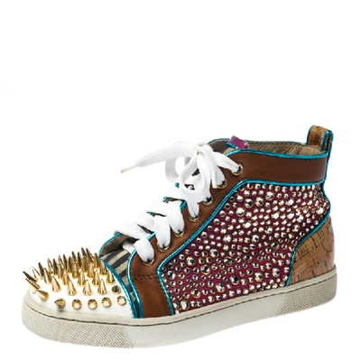 Pre-owned Christian Louboutin Multicolor Crystal Embellished Leopard Print Calfhair And Leather Spikes High-top Trainers Size 36
