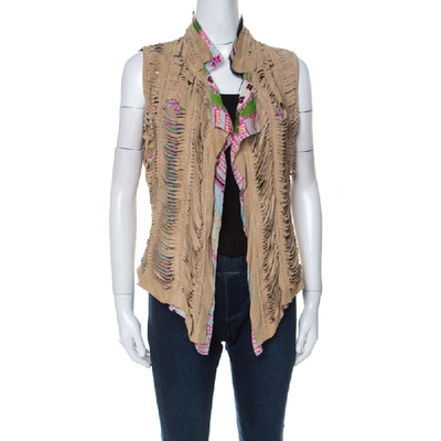 Pre-owned Roberto Cavalli Multicolor Printed Silk And Beige Suede Overlay Sleeveless Vest M