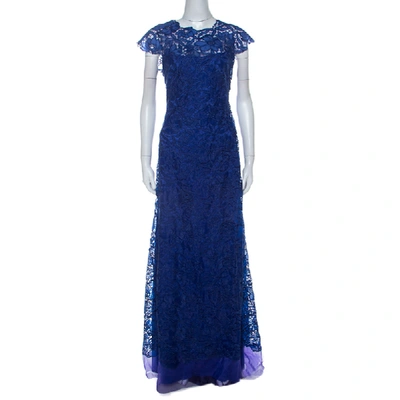 Pre-owned Tadashi Shoji Royal Blue Lace Cap Sleeve Milien Evening Gown L