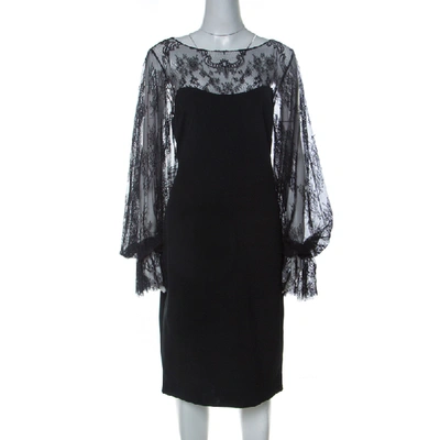 Pre-owned Marchesa Notte Black Silk Sheer Lace Yoke Detail Shift Dress L