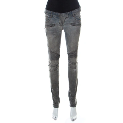Pre-owned Balmain Grey Washed Denim Pintucked Panel Zip Detail Skinny Jeans S