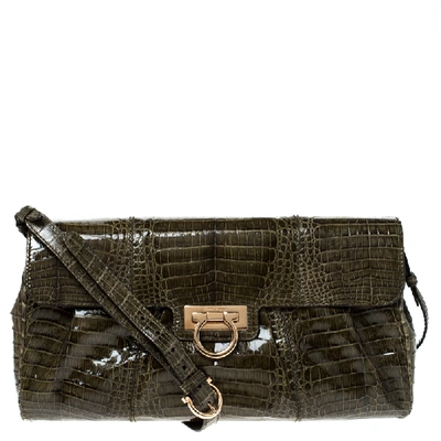 Pre-owned Ferragamo Olive Green Crocodile Leather Clutch