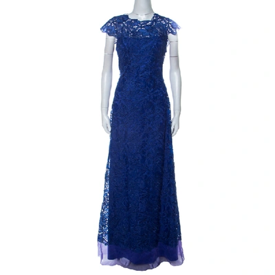 Pre-owned Tadashi Shoji Royal Blue Lace Cap Sleeve Milien Evening Gown M
